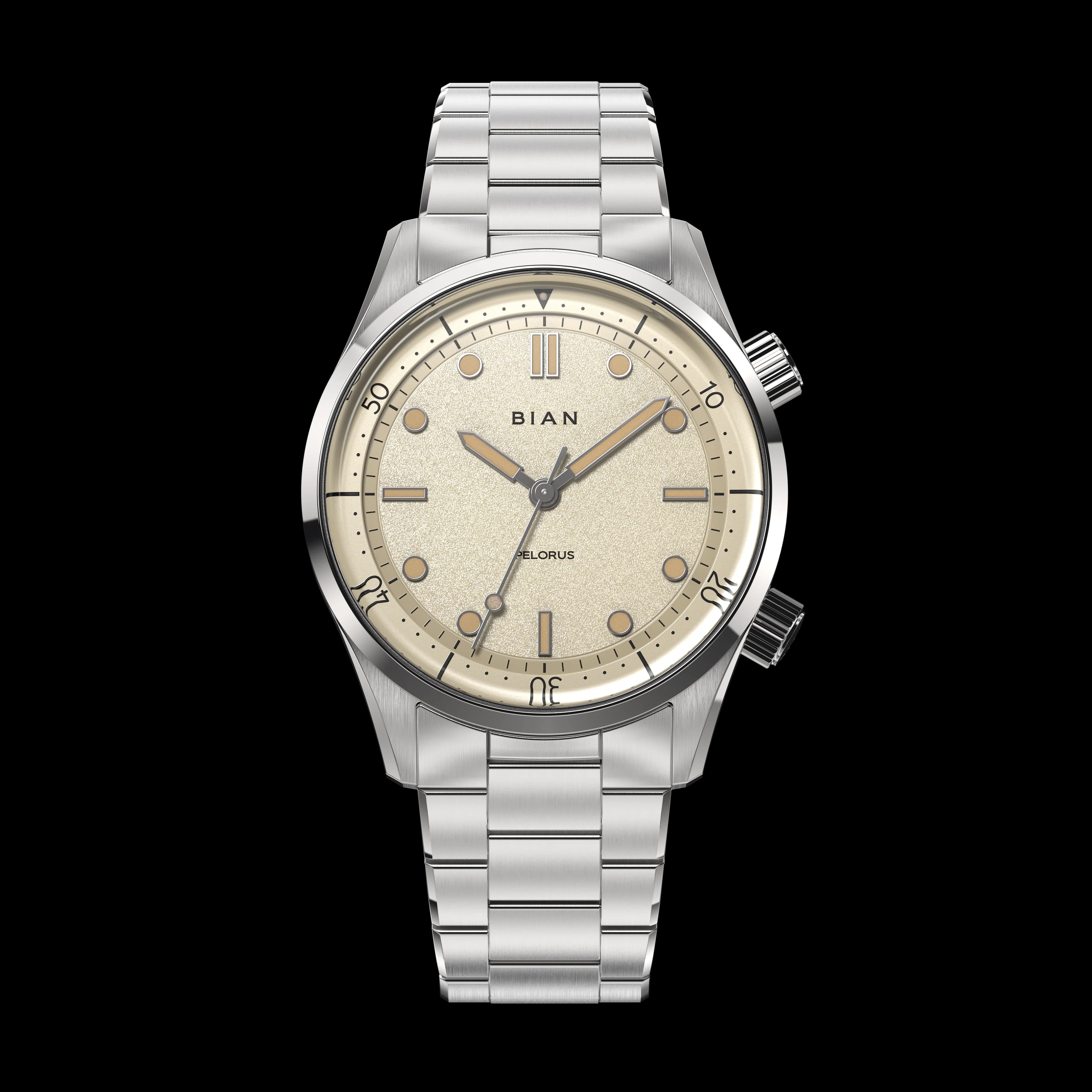Pelorus Ivory — Straight-on dial, internal bezel and minute track.