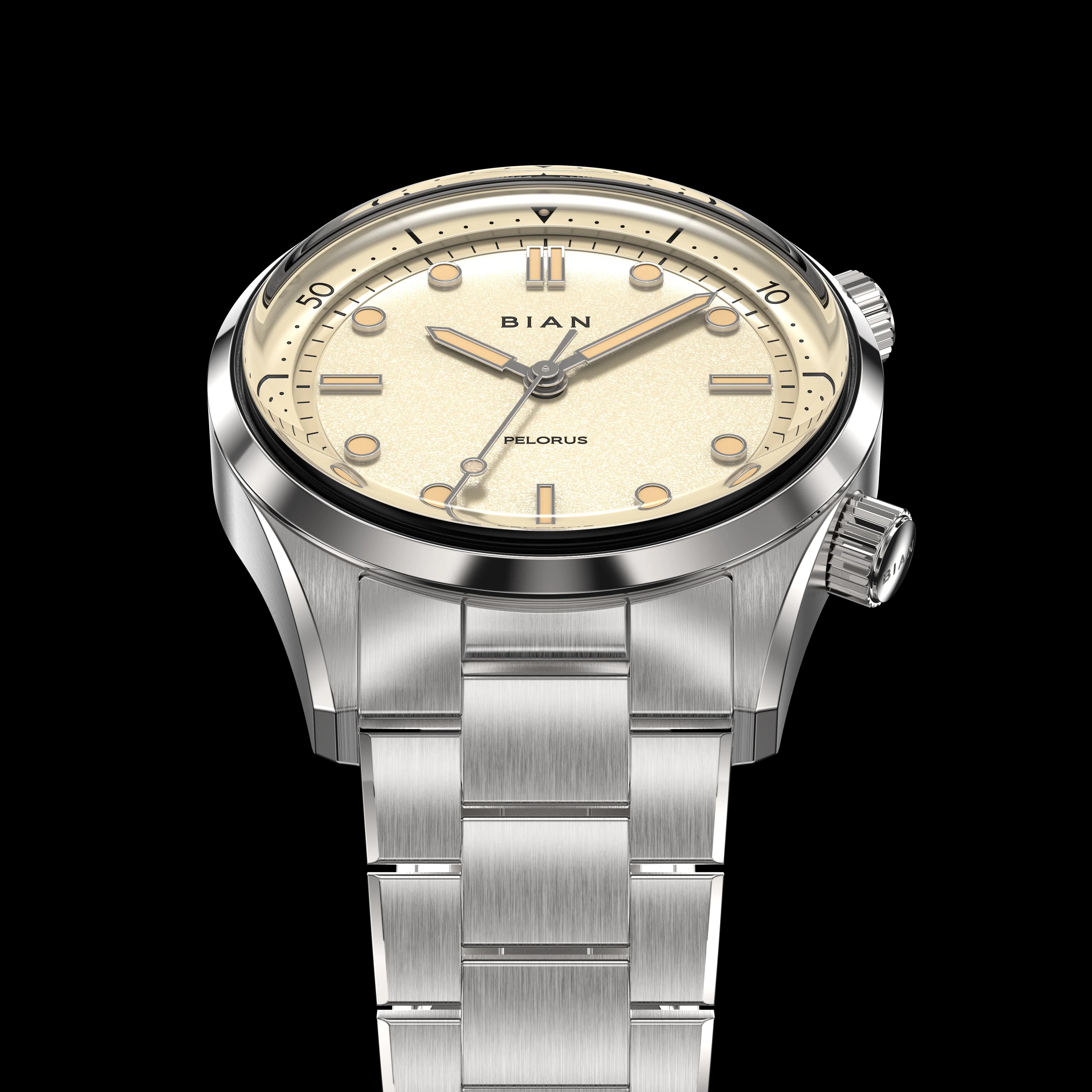 Pelorus Ivory — dial and case flank at three-quarters